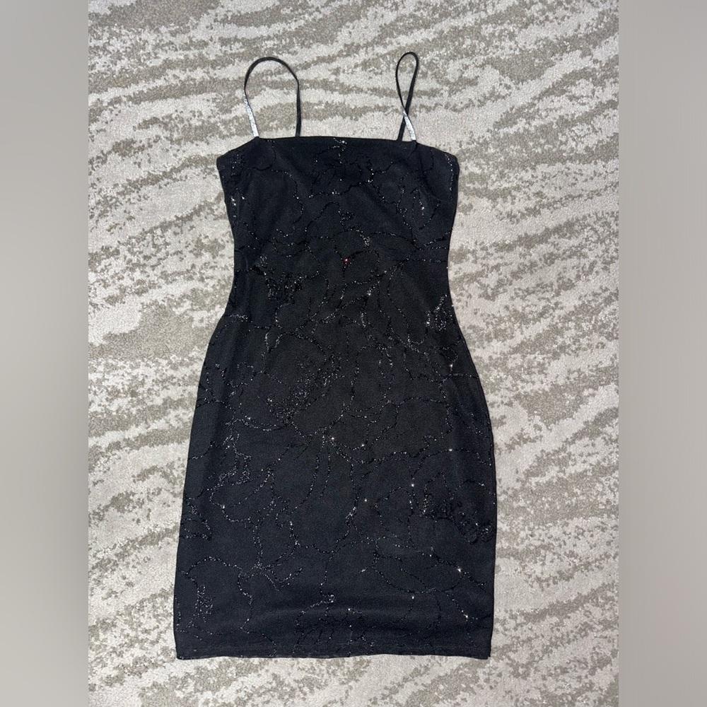 Black rhinestone spaghetti strap floral glitter dress